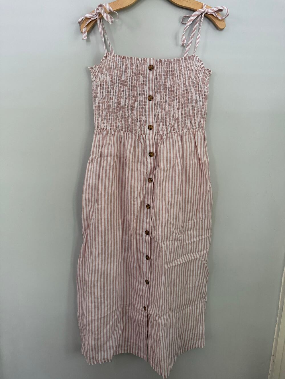 GAP women’s dress size medium, pink white striped midi, smocked button front